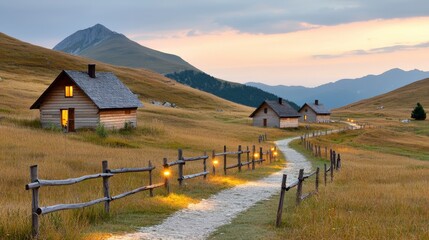 Charming Mountain Cabins at Dusk with Soft Hills and Lit Pathway in Tranquil Countryside Landscape