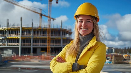 A portrait of a smiling woman in a yellow helmet and jacket with arms crossed, standing in the background of a construction site building, a blue sky with clouds, in high definition