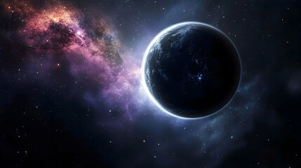 Illustration Of Dark Blue Planet In Space Against A Galaxy Background