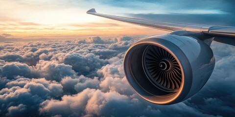A photograph of an airplane engine, flying above the clouds, with a blue sky and white cloud background.