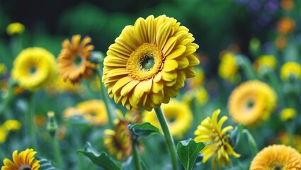 Obraz premium Vibrant yellow gerbera flowers in a summer garden with a blurred green backdrop highlighting their natural beauty and lively colors.