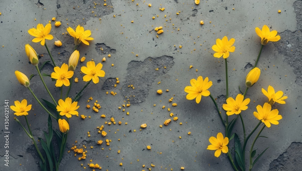 Wall mural yellow wildflowers on textured concrete backdrop with empty space for text ideal for design projects