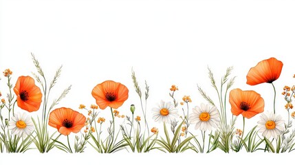Vibrant Floral Border with Poppies and Daisies on White Background for Elegant Design Elements and Natural Decor
