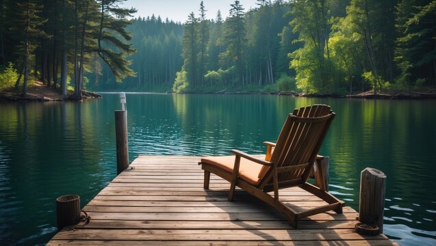 Wooden Dock With Lounge Chair Overlooking Serene Lake Surrounded By Lush Forests In Tranquil Natural Setting.