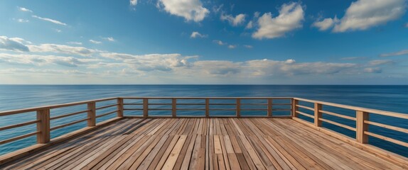 Scenic Wooden Deck Overlooking Tranquil Sea and Blue Sky with Clouds