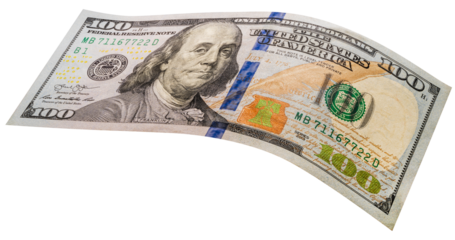 100 dollars banknotes falling in the air isolated on white, Flying 100 American dollars banknotes isolated on white background PNG File.