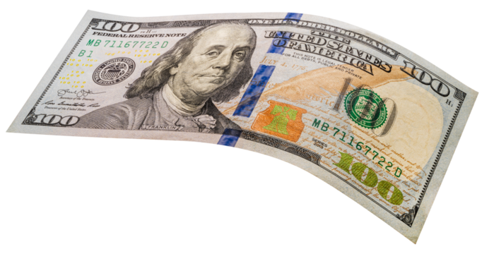 100 dollars banknotes falling in the air isolated on white, Flying 100 American dollars banknotes isolated on white background PNG File.