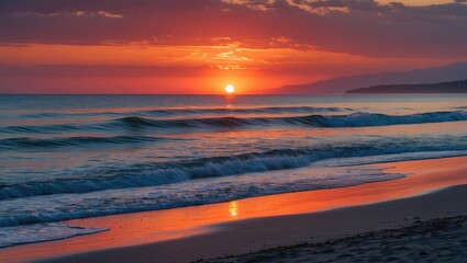Fototapeta premium Serene Beach Sunset with Vibrant Colors and Gentle Waves Against a Tranquil Ocean Horizon