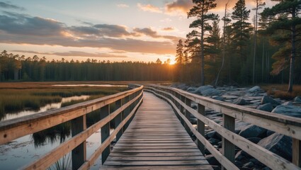 Naklejka premium Serene Wooden Boardwalk Through Marshland Leading to Sunset Over Rocky Shore and Forest Ideal for Adventure and Outdoor Themes