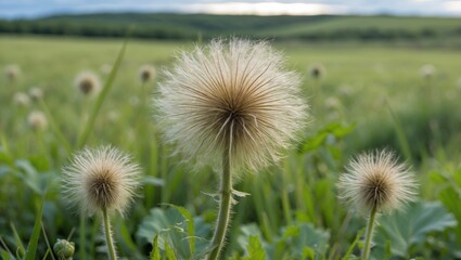 Naklejka premium Woolly Burdock Blooms in Lush Meadow Landscape Capturing Nature's Beauty and Serenity on a Sunny Day