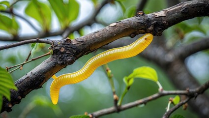 Naklejka premium Vibrant Yellow Caterpillar Crawling on Tree Branch Surrounded by Lush Green Foliage in Natural Outdoor Setting