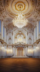 Luxury Palace Hall Interior 3D Render With Gold Chandelier and White