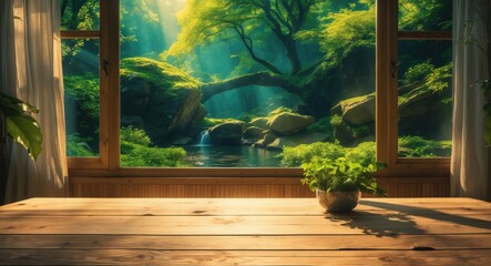 Tranquil Nature View Through Wooden Window with Lush Greenery and Sunlight Casting Gentle Shadows on a Rustic Table Surface