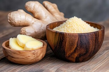 Fresh ginger root, slices and grated ginger in wooden bowls resting on wooden table