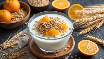 Healthy Yogurt Bowl with Gluten-Free Wheat Cereal and Fresh Oranges Surrounded by Natural Ingredients and Copyspace for Text