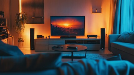 A stylish living room setup for trendy entertainment, with the latest tech gadgets and streaming services