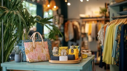 A stylish product display in a trendy boutique, highlighting the latest fashion and lifestyle items