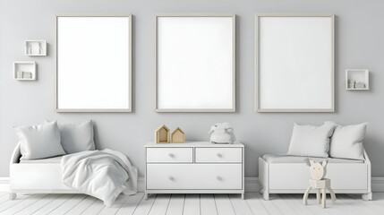 Minimalist Blank Poster Mockup Interior With White Furniture 3D