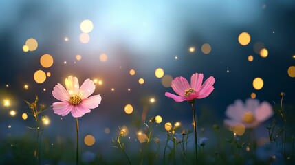 Delicate Pink Flowers Illuminated by Soft Bokeh Lights in a Calm Nature Scene with Gentle Sparkles and Depth of Field