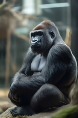 Naklejka premium Majestic western lowland gorilla sitting and looking away