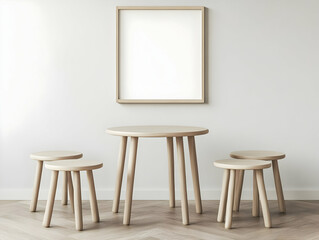Minimalist Wooden Table And Stools Set With Empty Frame On White Wall