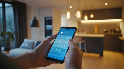 A tech-savvy homeowner controlling their smart home devices through a sleek app interface, with trendy design elements
