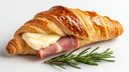 Indulge in the simple pleasure of a freshly baked croissant, filled with savory ham and creamy cheese, a delightful combination that tantalizes your taste buds and brings joy to every bite