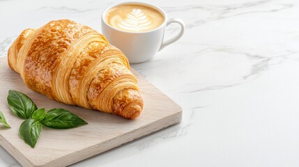 Indulge in the simple pleasures of life with a freshly baked croissant, its golden crust glistening invitingly, paired perfectly with a creamy, artfully decorated cappuccino This image captures a