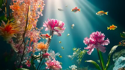 A vibrant underwater scene with colorful fish and blooming flowers illuminated by sunlight.