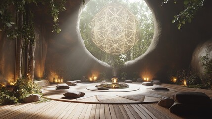 A tranquil space where mystic rituals are performed, surrounded by nature and sacred geometry,