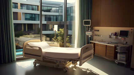 Modern Hospital Room With Empty Bed And Large Window Realistic Photo