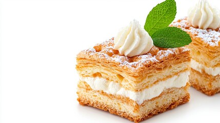Indulge in the exquisite layers of a homemade mille-feuille pastry, a delightful French dessert perfect for any occasion, showcasing flaky puff pastry, creamy vanilla custard, and a dusting of