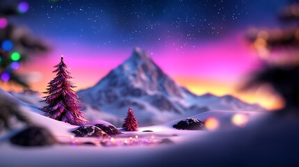 Vibrant Winter Sunset Over Snowy Mountain with Christmas Trees