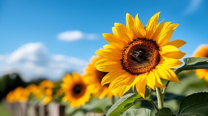 Obraz premium Vibrant Yellow Sunflowers in a Field Under a Bright Blue Sky