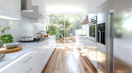 Fototapeta premium Modern Farmhouse Kitchen White Cabinets Stainless Steel Appliances Sunny Patio View