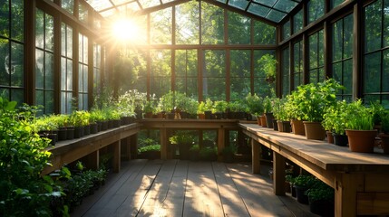 Greenhouse interior full of plants enjoying golden hour sunlight