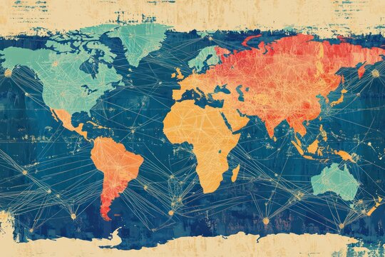 A tech-inspired vector design of a world map with network connections, representing global business expansion and digital innovation across continents.