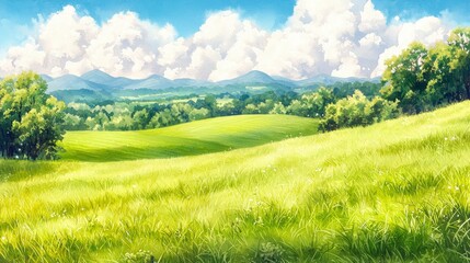Fototapeta premium Serene Summer Meadow Landscape Rolling Hills Blue Sky Green Grass