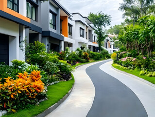 Modern Residential Houses Along Winding Pathway Photo with Lush Green