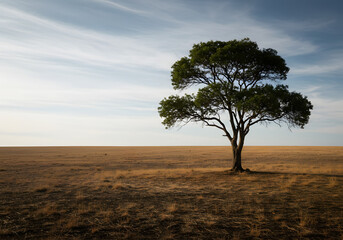 Fototapeta premium A lone tree standing in a vast open field, symbolizing solitude and the beauty of nature.