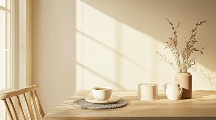 Obraz premium A simple interior scene features sunlight on a table setting