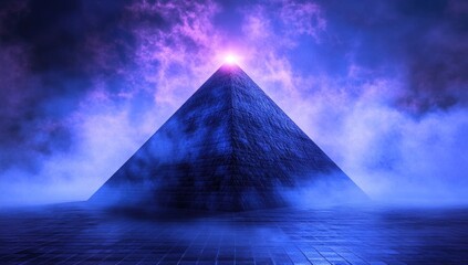 A pyramid with a glowing light at the top, surrounded by dark blue mist and clouds. The background is an empty grid floor, creating a futuristic atmosphere.