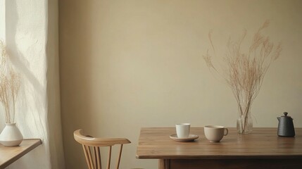 A peaceful interior scene featuring a table and decorative elements