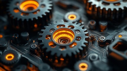 Intricate gears mesh smoothly glowing orange light complex mechanism. AI Generated