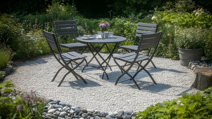 Obraz premium Outdoor Patio Garden Photo With Table And Chairs On White Stone