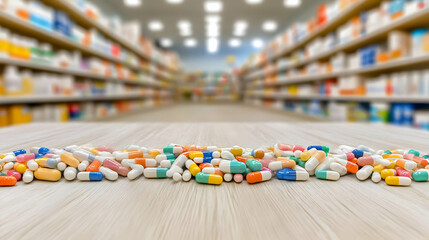 Obraz premium Pharmacy Store Pills Perspective On Wooden Surface as Realistic Image