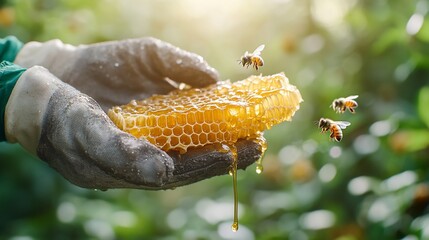 Honeycomb harvest, bees, hands, nature