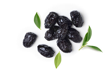 Dried prunes isolated on white background.