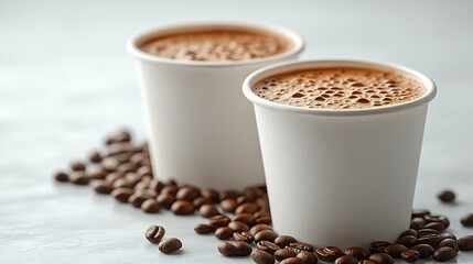 Obraz premium Warm inviting coffee cups rest gently near roasted beans. AI Generated