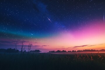 Magical sunset landscape with shooting stars and a starry night sky over a field.